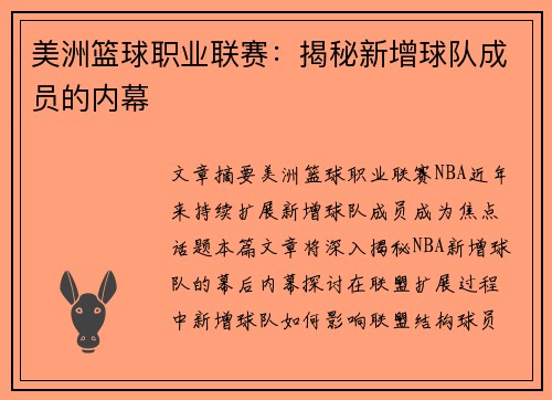 美洲篮球职业联赛：揭秘新增球队成员的内幕