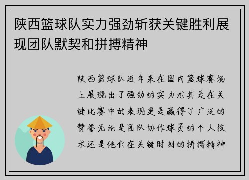 陕西篮球队实力强劲斩获关键胜利展现团队默契和拼搏精神