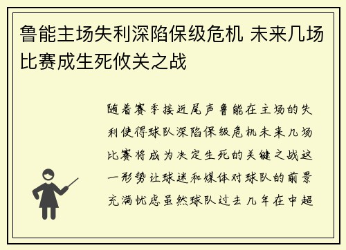 鲁能主场失利深陷保级危机 未来几场比赛成生死攸关之战