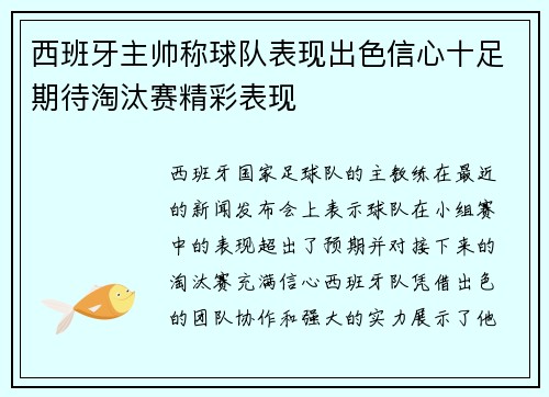 西班牙主帅称球队表现出色信心十足期待淘汰赛精彩表现