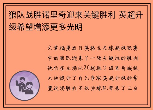 狼队战胜诺里奇迎来关键胜利 英超升级希望增添更多光明