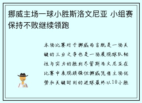 挪威主场一球小胜斯洛文尼亚 小组赛保持不败继续领跑