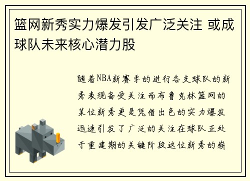 篮网新秀实力爆发引发广泛关注 或成球队未来核心潜力股