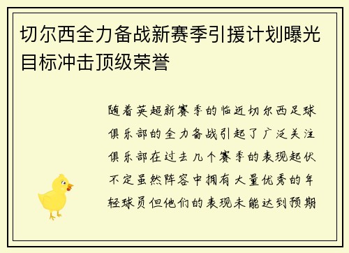 切尔西全力备战新赛季引援计划曝光目标冲击顶级荣誉