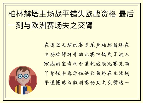 柏林赫塔主场战平错失欧战资格 最后一刻与欧洲赛场失之交臂