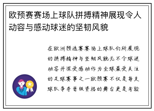 欧预赛赛场上球队拼搏精神展现令人动容与感动球迷的坚韧风貌