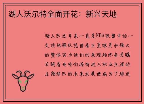 湖人沃尔特全面开花：新兴天地