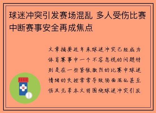 球迷冲突引发赛场混乱 多人受伤比赛中断赛事安全再成焦点