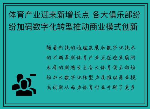体育产业迎来新增长点 各大俱乐部纷纷加码数字化转型推动商业模式创新