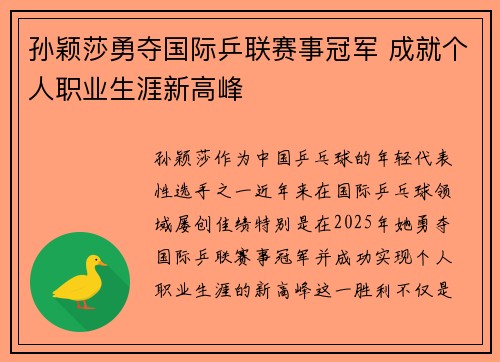 孙颖莎勇夺国际乒联赛事冠军 成就个人职业生涯新高峰