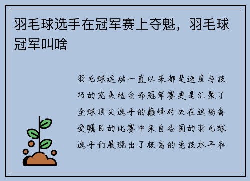 羽毛球选手在冠军赛上夺魁，羽毛球冠军叫啥